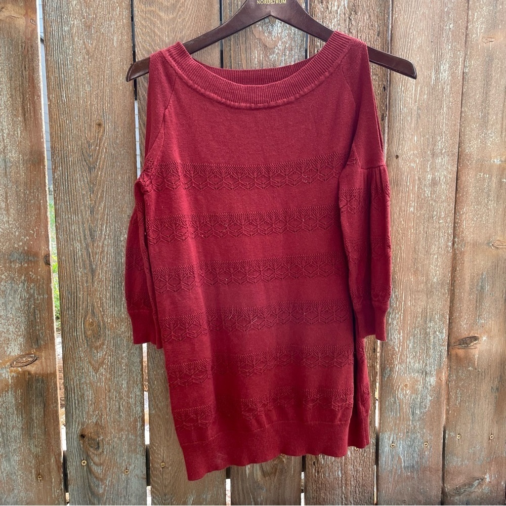 MAURICES Women's Red Stripe Cold Shoulder Lacy Knit 3/4 Sleeve Sweater Shirt XS